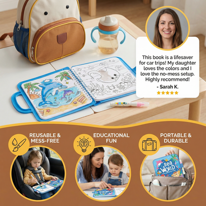 Water Coloring Book with Reusable Pages and Refillable Pen, No Mess Design