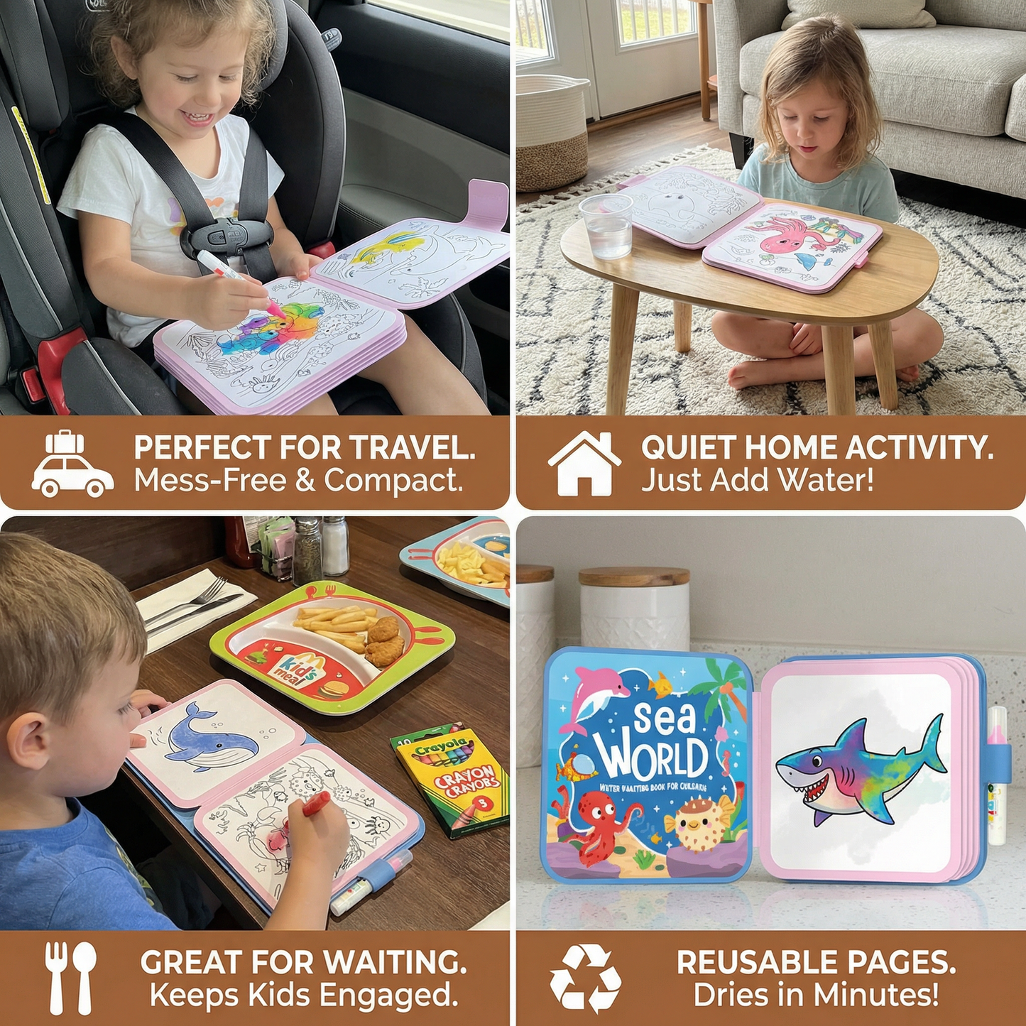 Water Coloring Book with Reusable Pages and Refillable Pen, No Mess Design