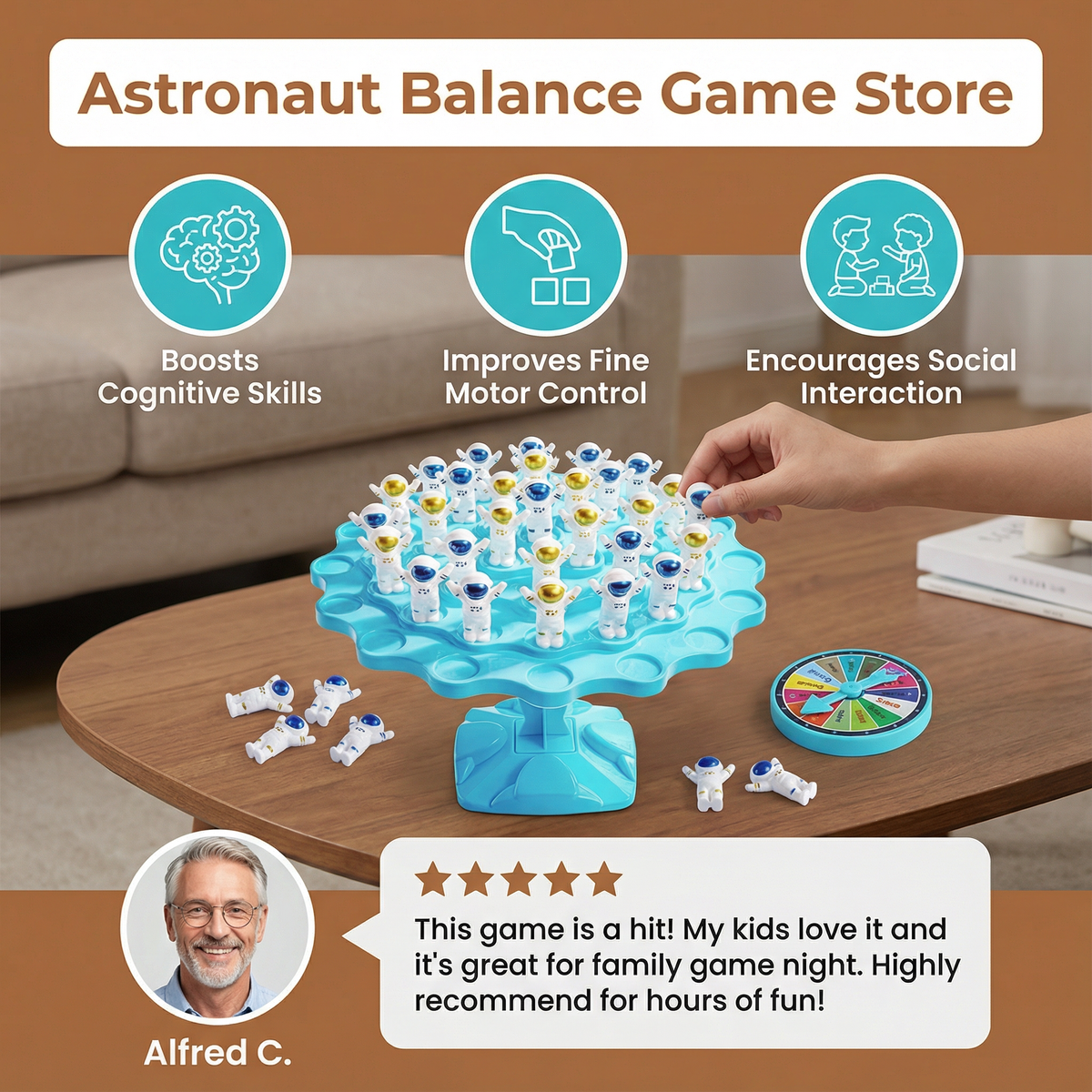Astronaut Stacking Game with Spinner and Dice for Family Nights and Solo Challenges