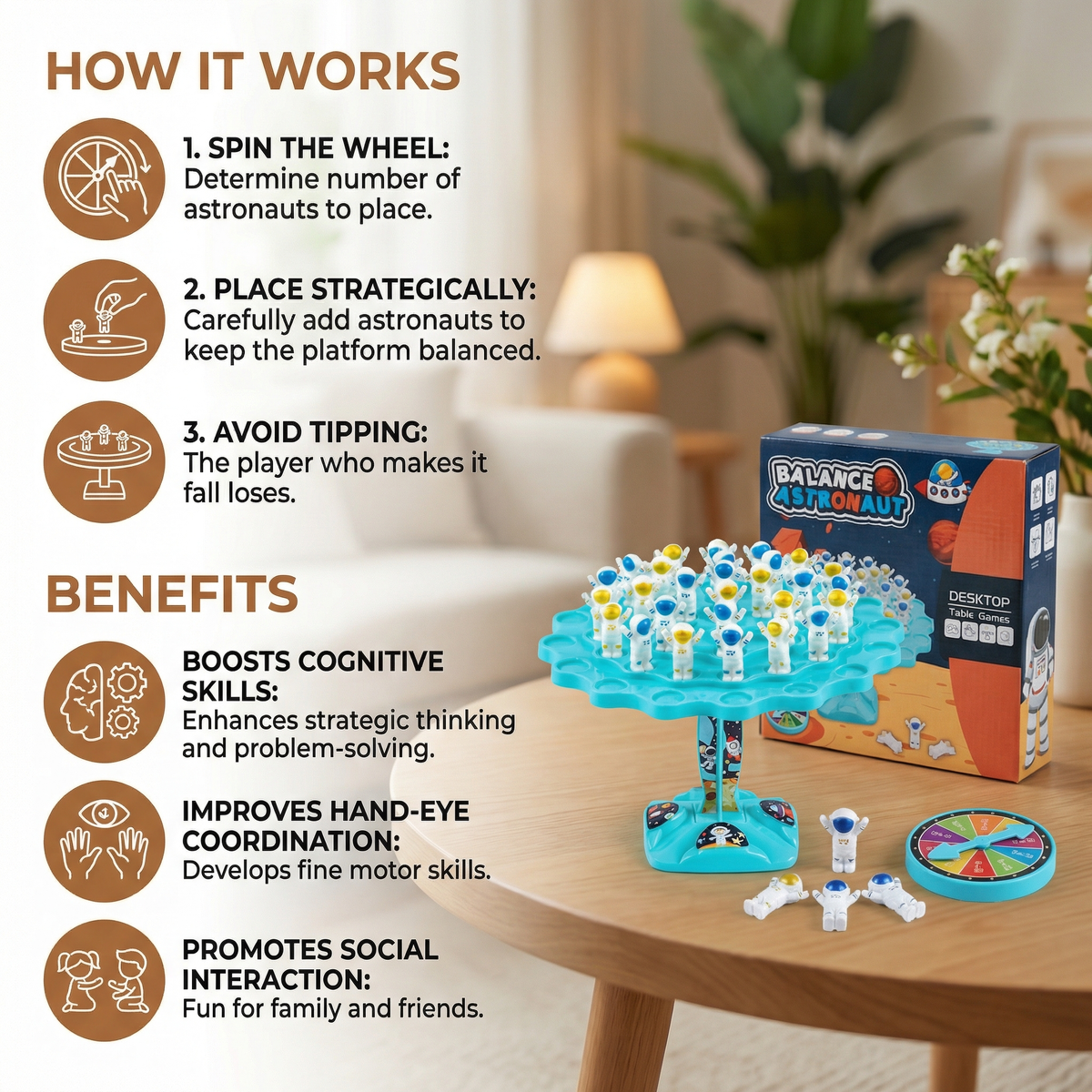 Astronaut Stacking Game with Spinner and Dice for Family Nights and Solo Challenges