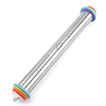 Adjustable Stainless Steel Rolling Pin with Silicone Handles and Thickness Rings, 17 Inch