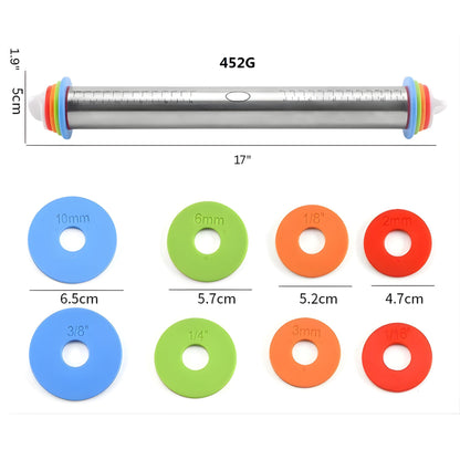 Adjustable Stainless Steel Rolling Pin with Silicone Handles and Thickness Rings, 17 Inch