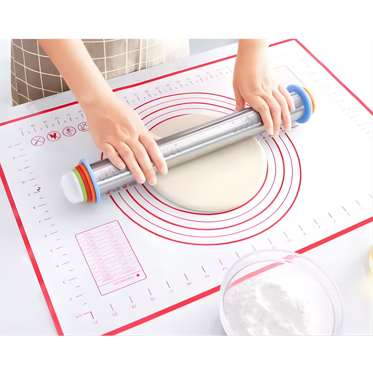 Adjustable Stainless Steel Rolling Pin with Silicone Handles and Thickness Rings, 17 Inch