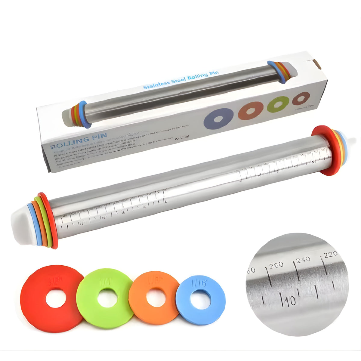 Adjustable Stainless Steel Rolling Pin with Silicone Handles and Thickness Rings, 17 Inch