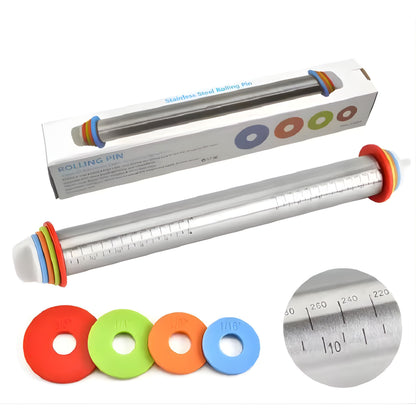 Adjustable Stainless Steel Rolling Pin with Silicone Handles and Thickness Rings, 17 Inch