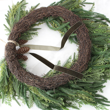 Heart Shaped Pine Wreath with Pine Cones and Hunter Green Ribbon 24 Inch