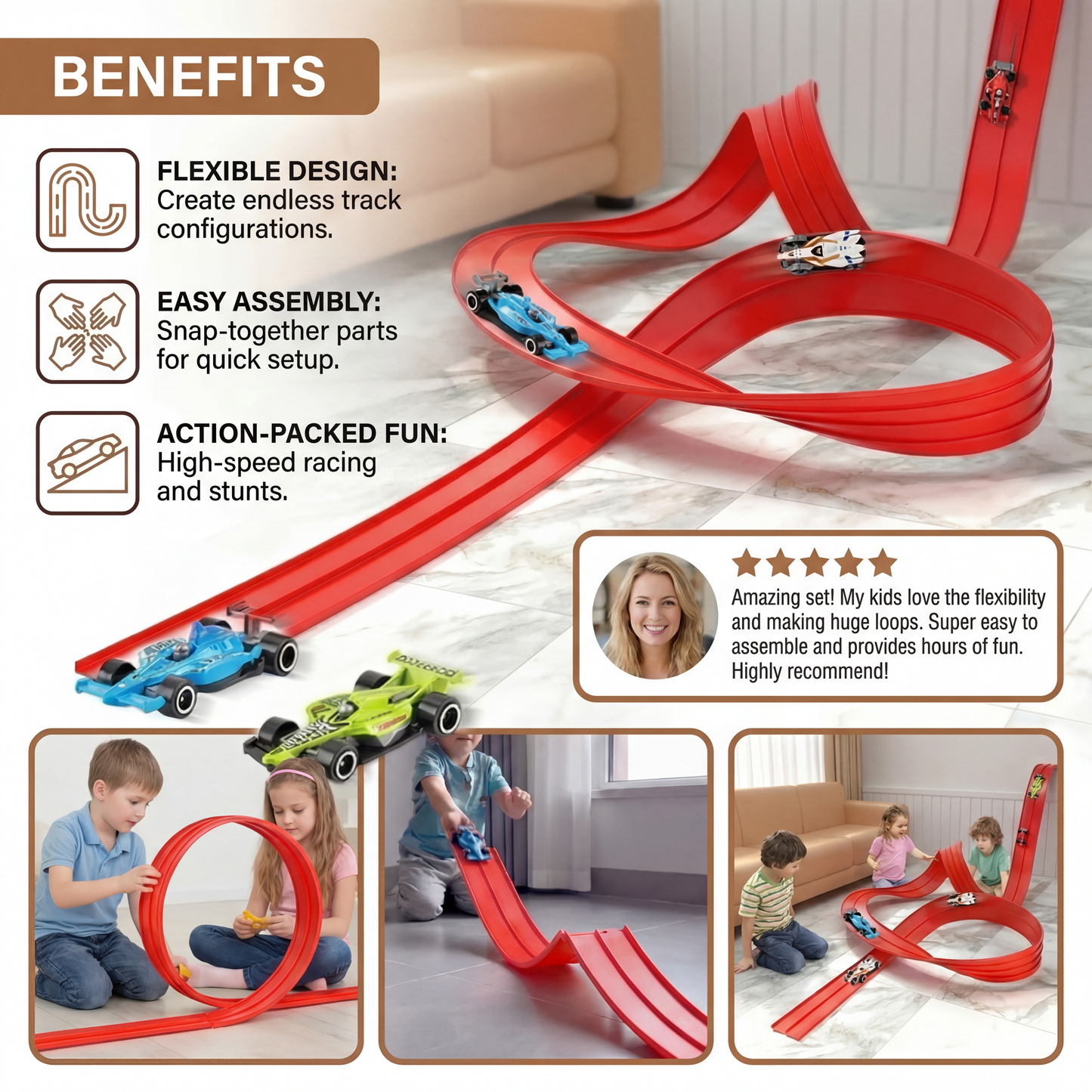Bendable Race Track Set with Built In Lighting and Click Assembly System