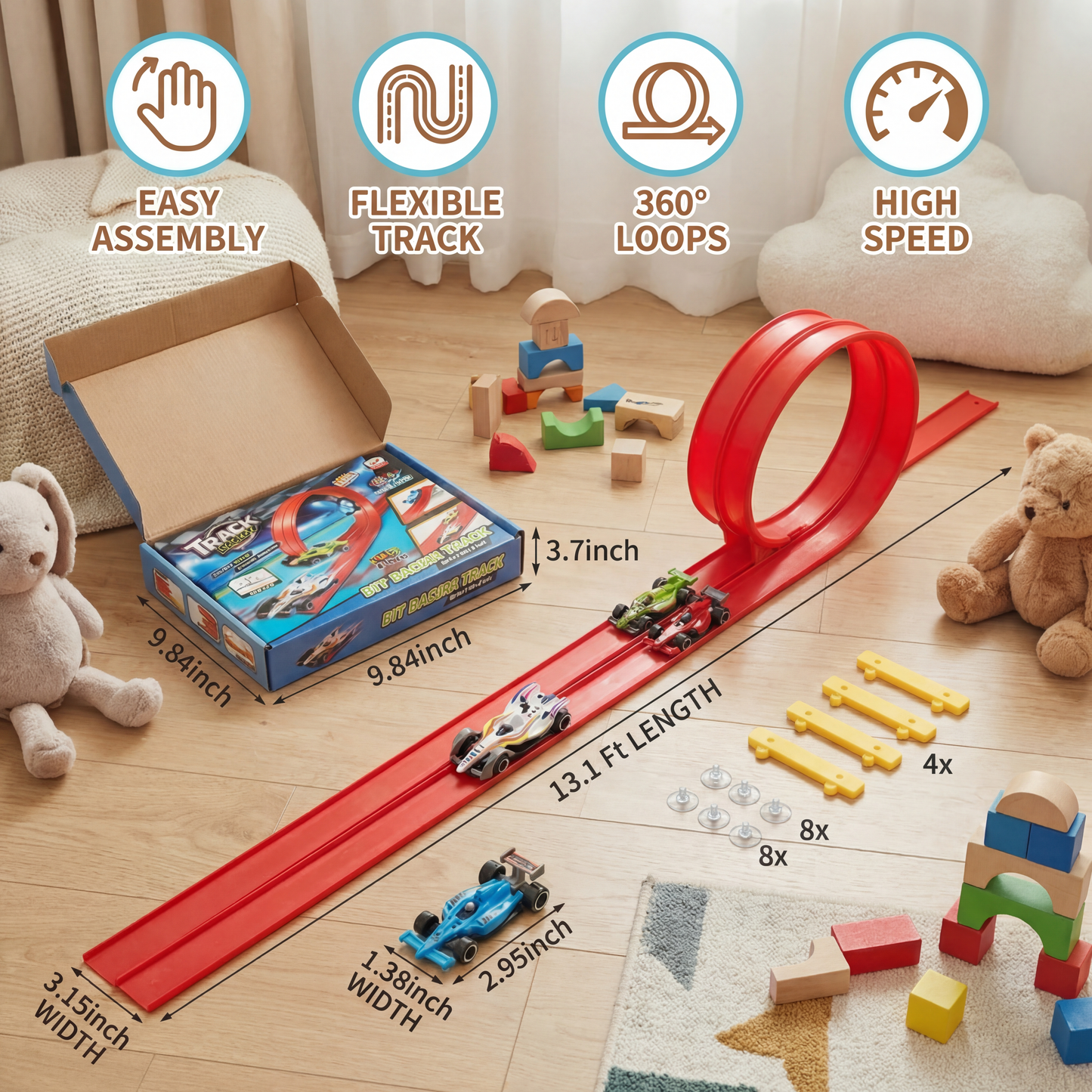 Bendable Race Track Set with Built In Lighting and Click Assembly System