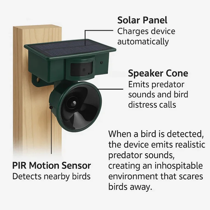 Motion Sensor Bird Deterrent with Sound Alerts and Adjustable Sensitivity for Gardens and Patios
