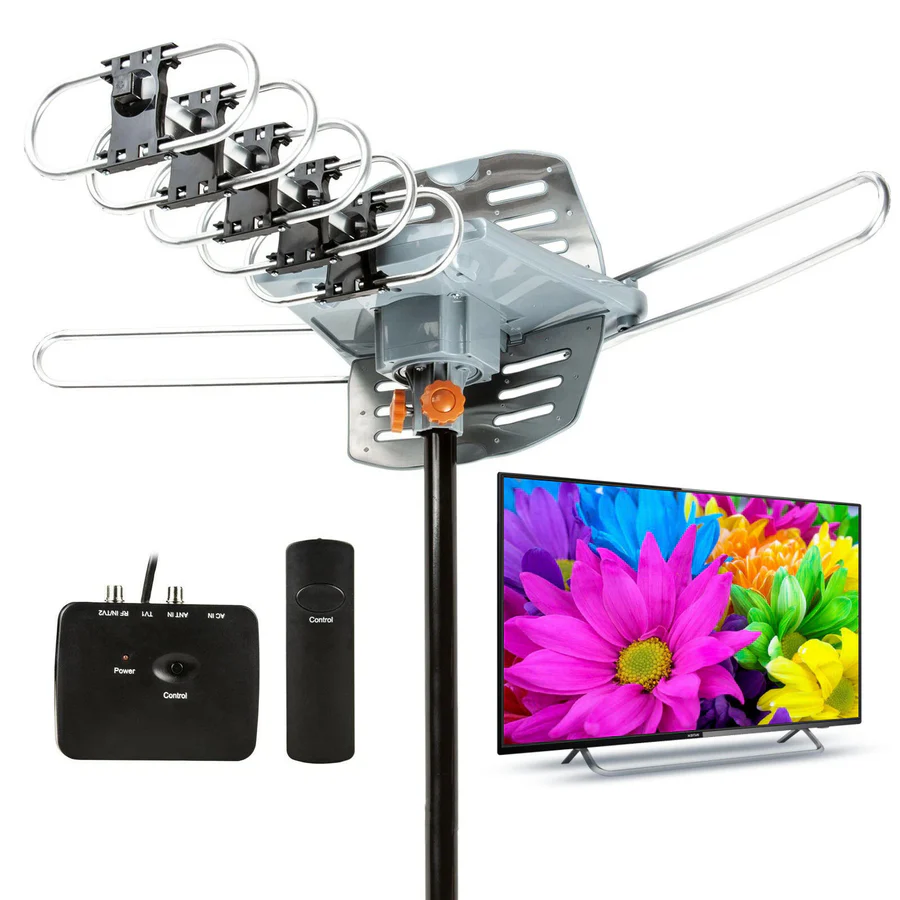 Long Range Digital HD TV Antenna with 360 Degree Motor Remote and Mounting Pole for Roofs and Attics
