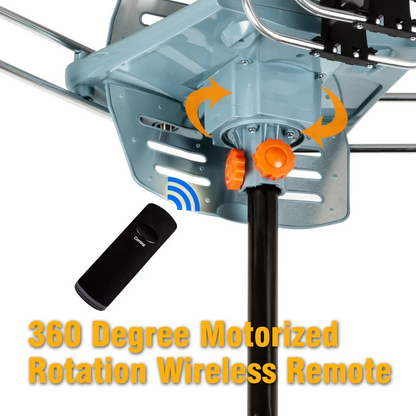 Long Range Digital HD TV Antenna with 360 Degree Motor Remote and Mounting Pole for Roofs and Attics