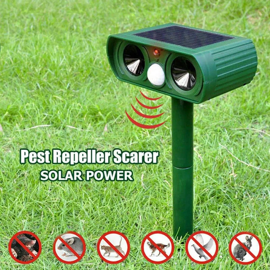 Solar Powered Animal Deterrent with Motion Sensor Infrared Pulse and Flashing LEDs for Patios and Yards