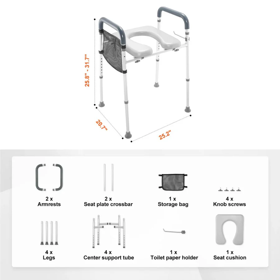 Height Adjustable Raised Toilet Seat with Padded Armrests and Aluminum Frame for Home Bathrooms
