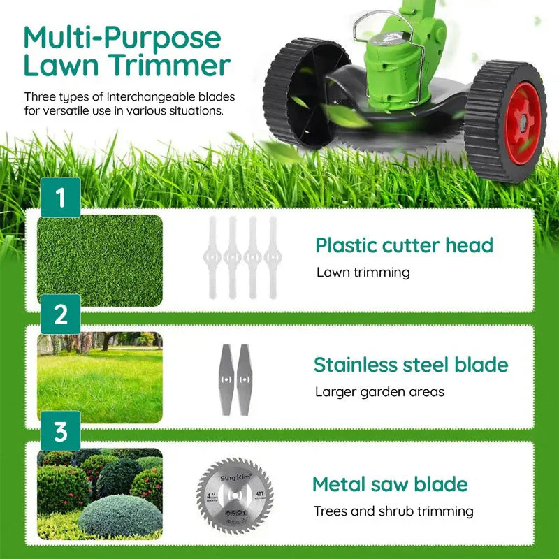 Battery Powered Cordless Grass Trimmer with Wheels and 3 Blade Types
