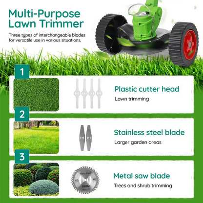 Battery Powered Cordless Grass Trimmer with Wheels and 3 Blade Types