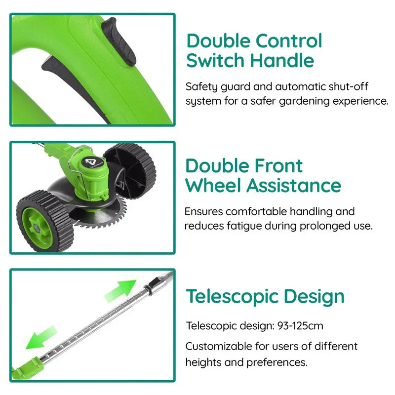Battery Powered Cordless Grass Trimmer with Wheels and 3 Blade Types