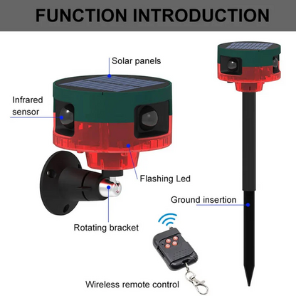 Solar Motion Activated Sound and Light Deterrent with 360 Degree Sensor in Red Or Yellow