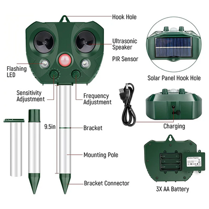 Ultrasonic Animal Repeller with Solar Charging and LED Flash, 5 Modes
