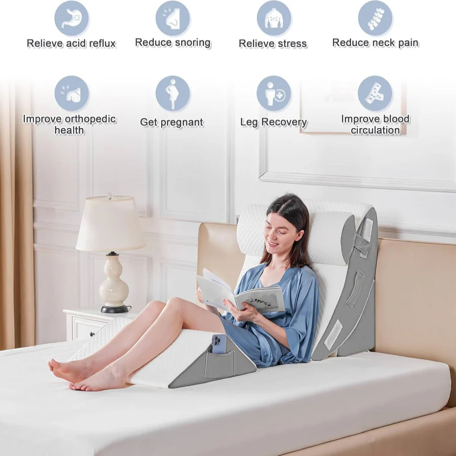 Four Piece Memory Foam Wedge Pillow Set with Linking Straps and Washable Plush Covers in Three Colors