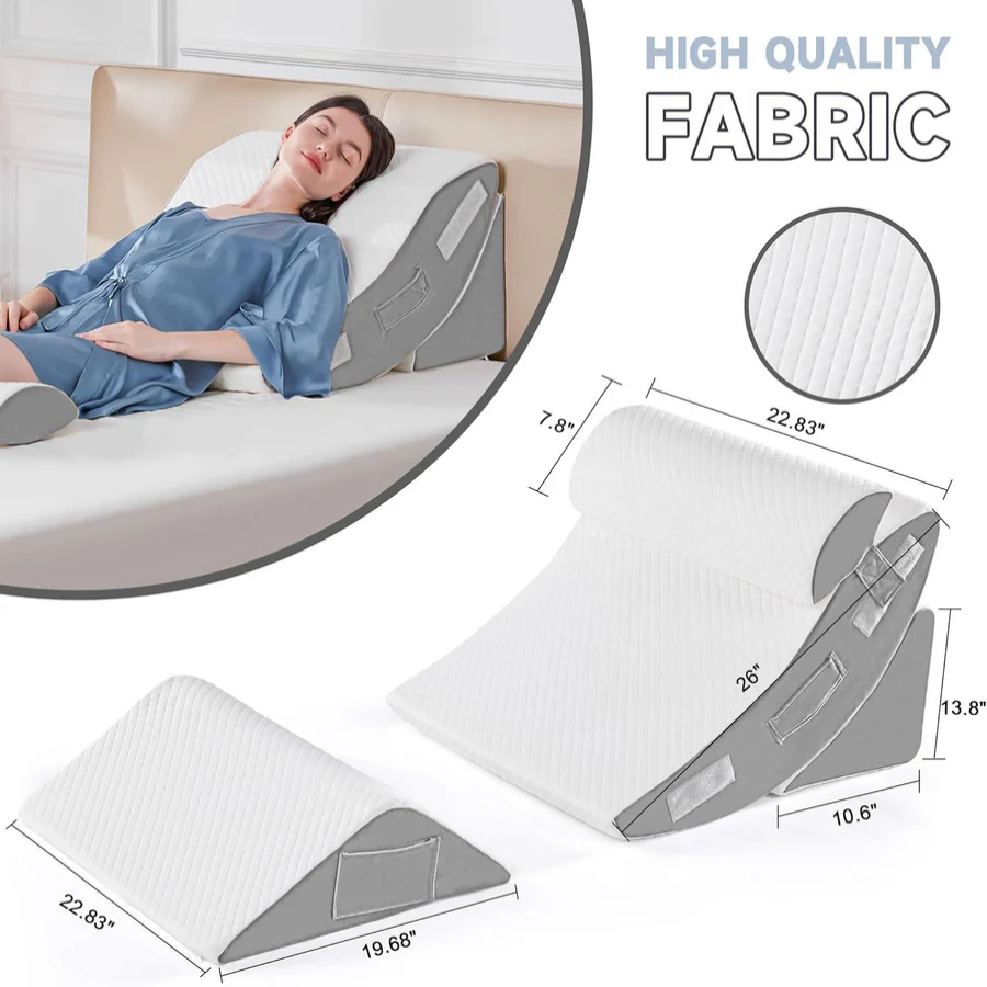 Four Piece Memory Foam Wedge Pillow Set with Linking Straps and Washable Plush Covers in Three Colors