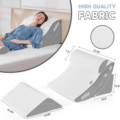 Four Piece Memory Foam Wedge Pillow Set with Linking Straps and Washable Plush Covers in Three Colors
