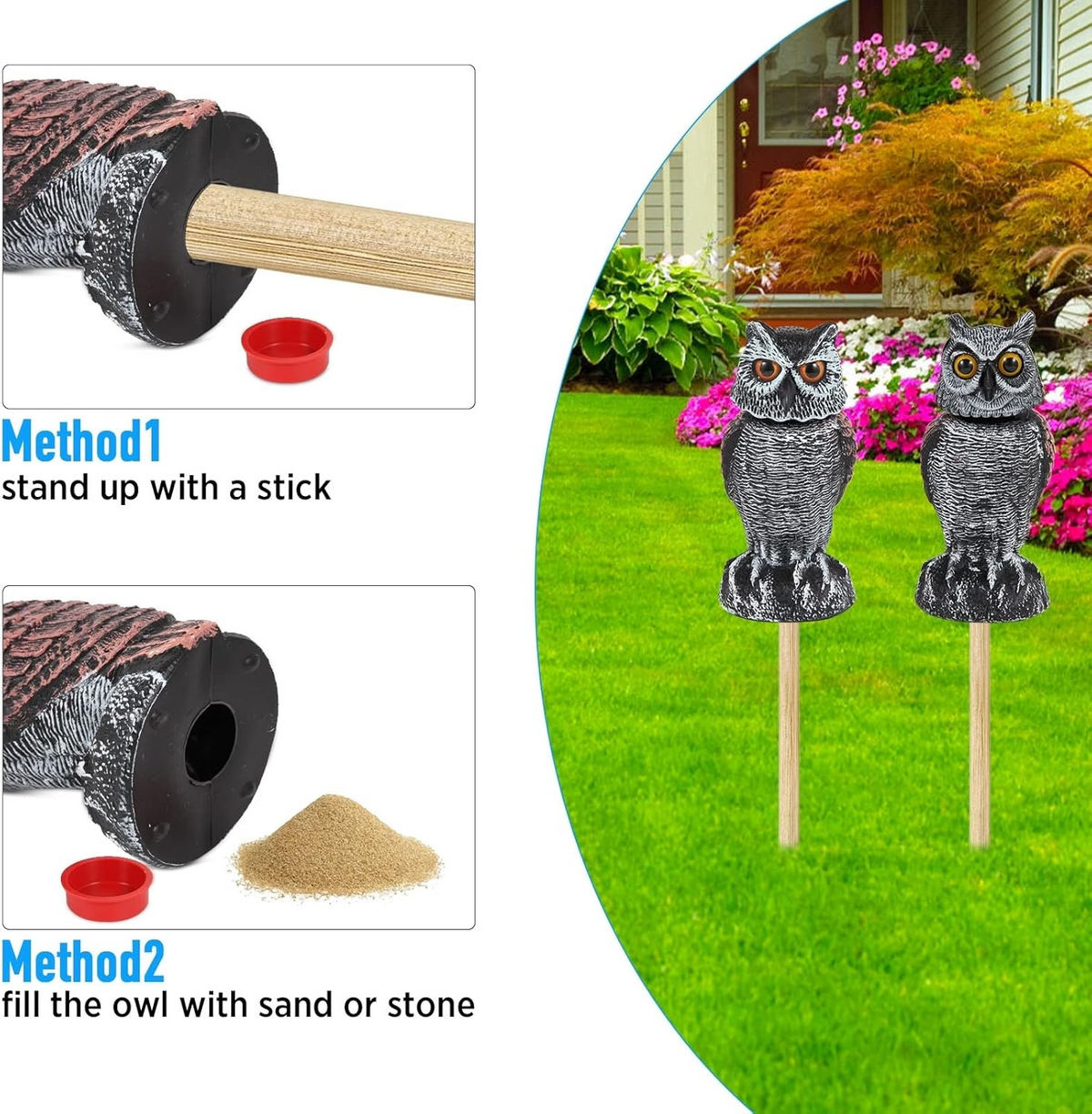 Owl Decoy with 360 Degree Rotating Head and Hand Painted Details, 2 Pack