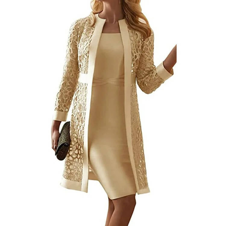 Mother of the Bride Lace Jacket Dress Set with Knee Length Sheath and Long Sleeves