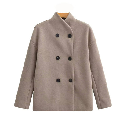 Womens Cropped Double Breasted Peacoat with a Stand Collar and Soft Interior Lining in Khaki or Gray