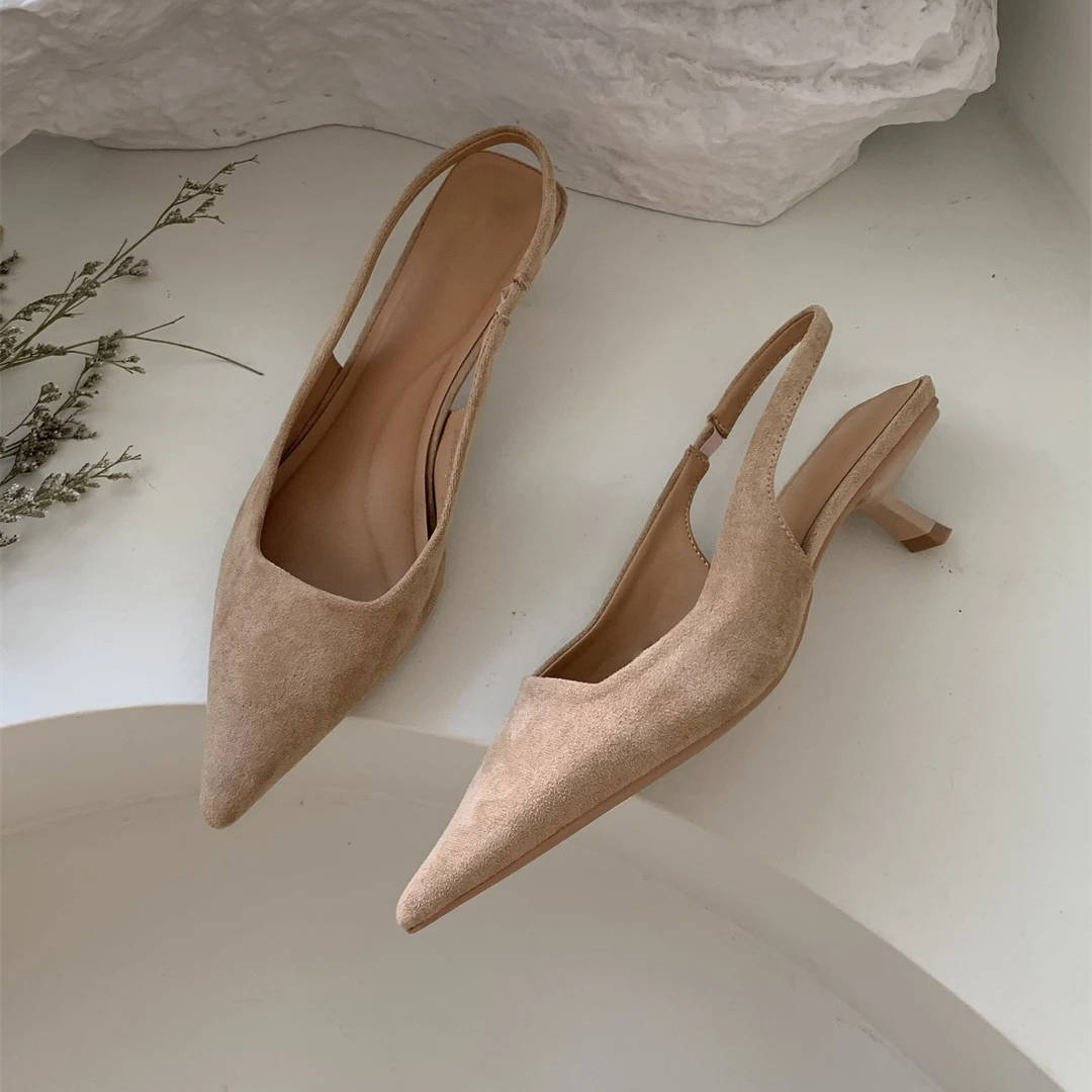 Womens Pointed Toe Slingback Kitten Heels with a Slip On Style and Rubber Sole in Four Colors