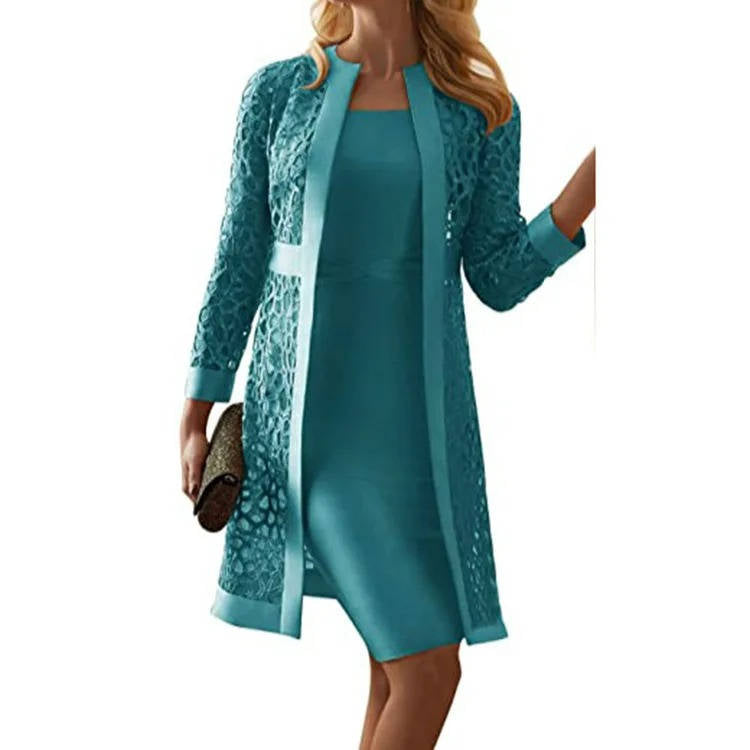 Mother of the Bride Lace Jacket Dress Set with Knee Length Sheath and Long Sleeves