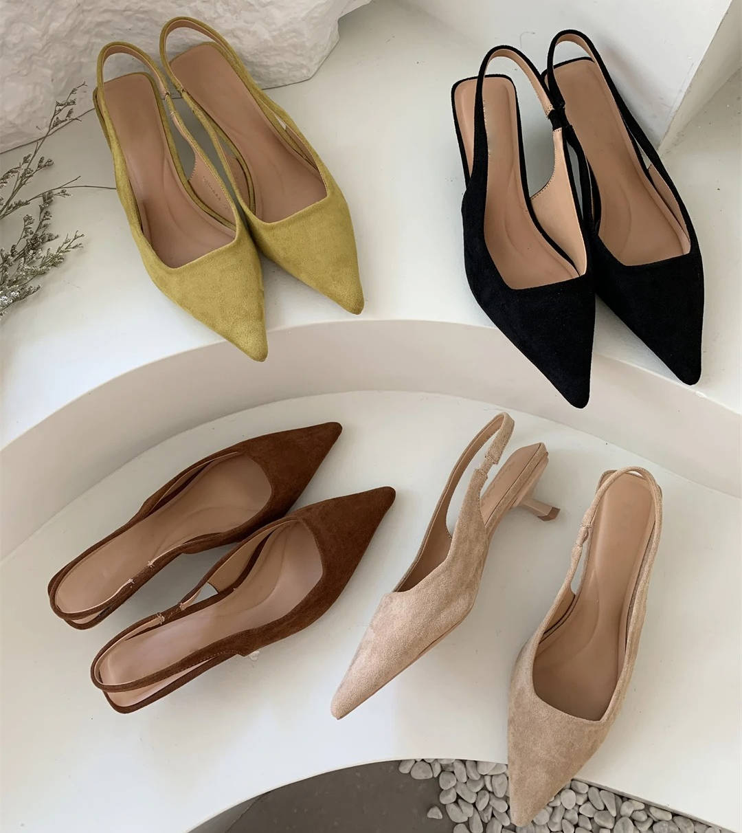 Womens Pointed Toe Slingback Kitten Heels with a Slip On Style and Rubber Sole in Four Colors