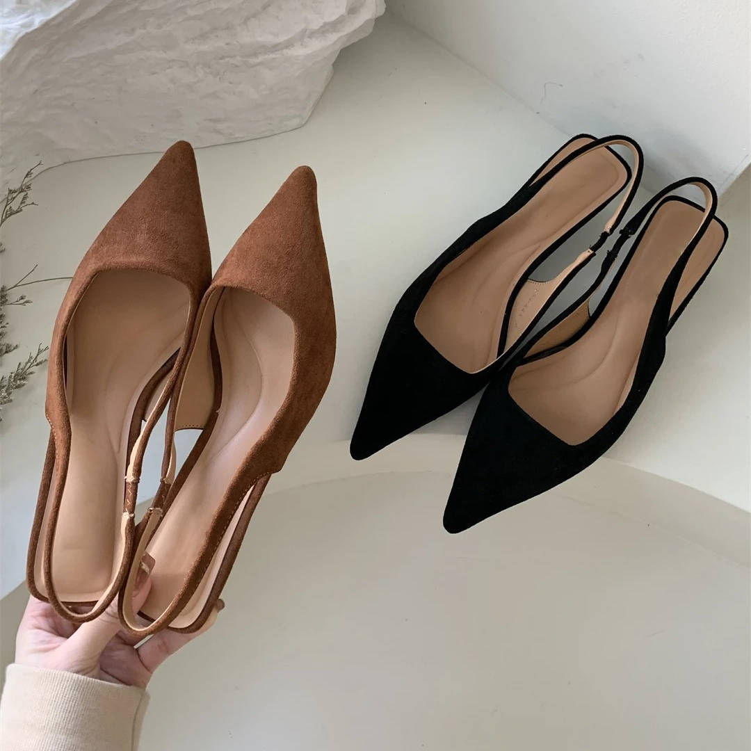 Womens Pointed Toe Slingback Kitten Heels with a Slip On Style and Rubber Sole in Four Colors