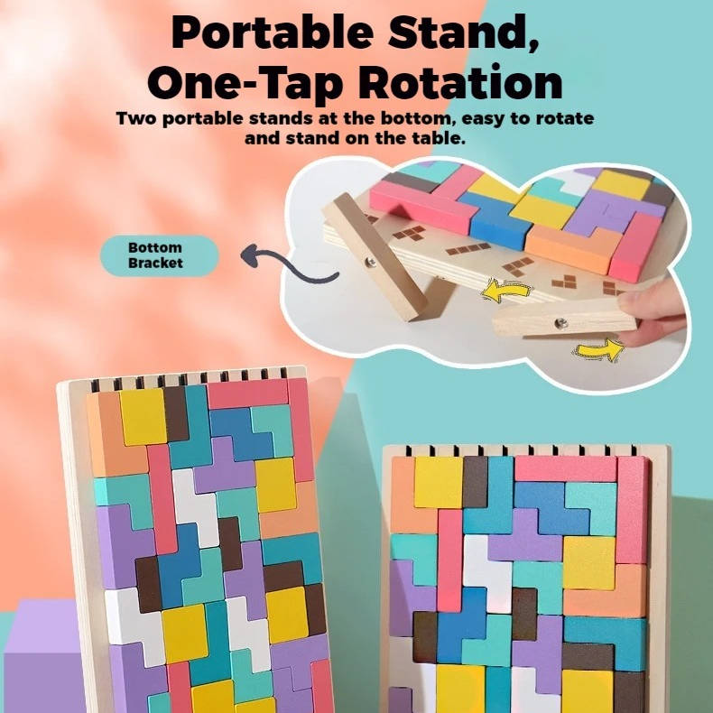 Wooden Block Puzzle Set with 42 Pieces and 10 Template Cards, Foldout Stand