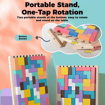 Wooden Block Puzzle Set with 42 Pieces and 10 Template Cards, Foldout Stand