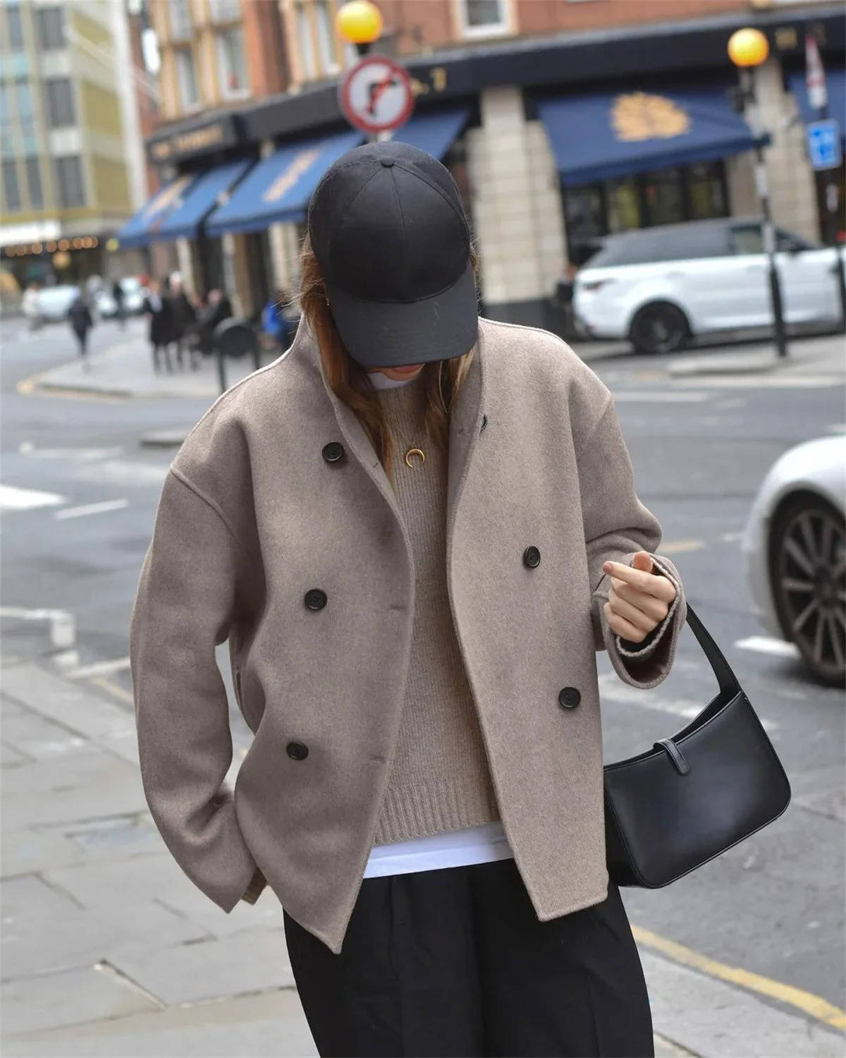 Womens Cropped Double Breasted Peacoat with a Stand Collar and Soft Interior Lining in Khaki or Gray