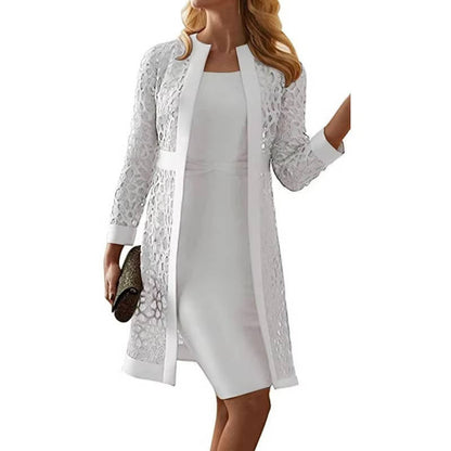 Mother of the Bride Lace Jacket Dress Set with Knee Length Sheath and Long Sleeves