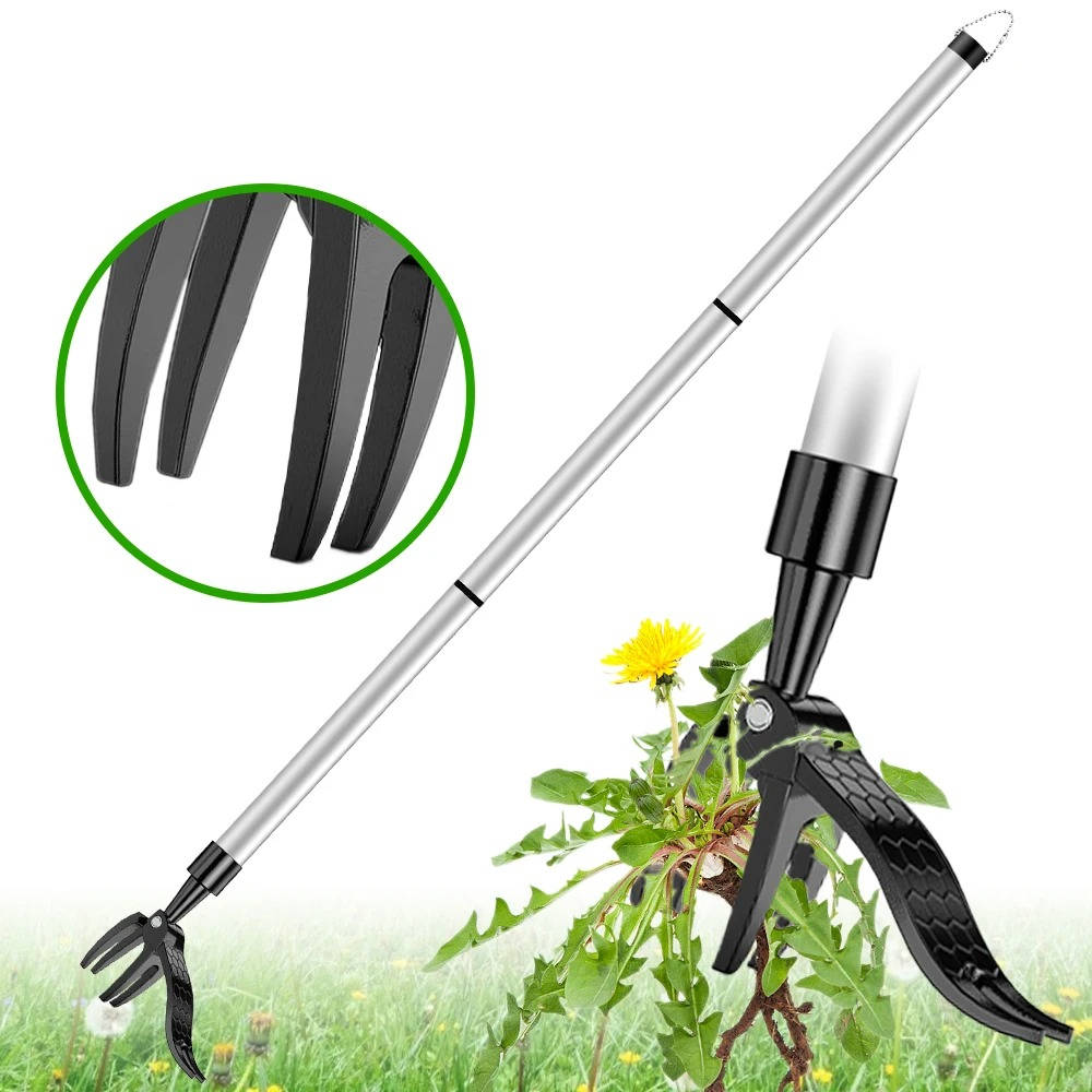 Stand Up Weed Puller with Four Stainless Steel Claws, Foot Pedal and Long Bamboo Handle