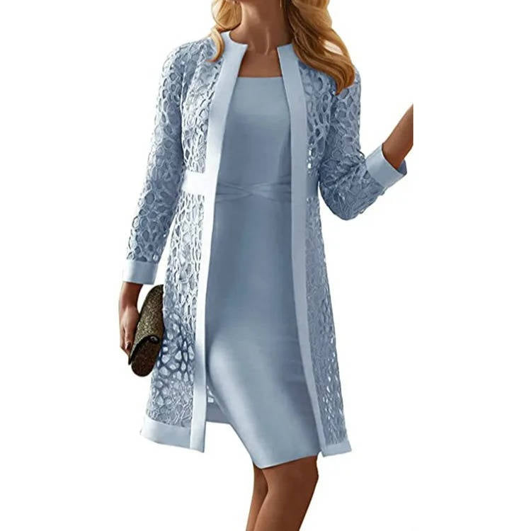 Mother of the Bride Lace Jacket Dress Set with Knee Length Sheath and Long Sleeves