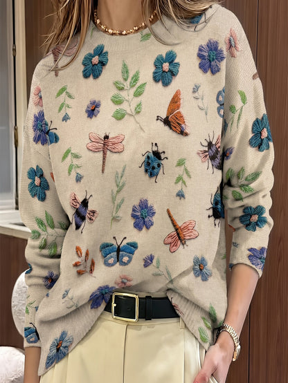 Womens Floral Crewneck Sweater with Botanical Print and Relaxed Fit