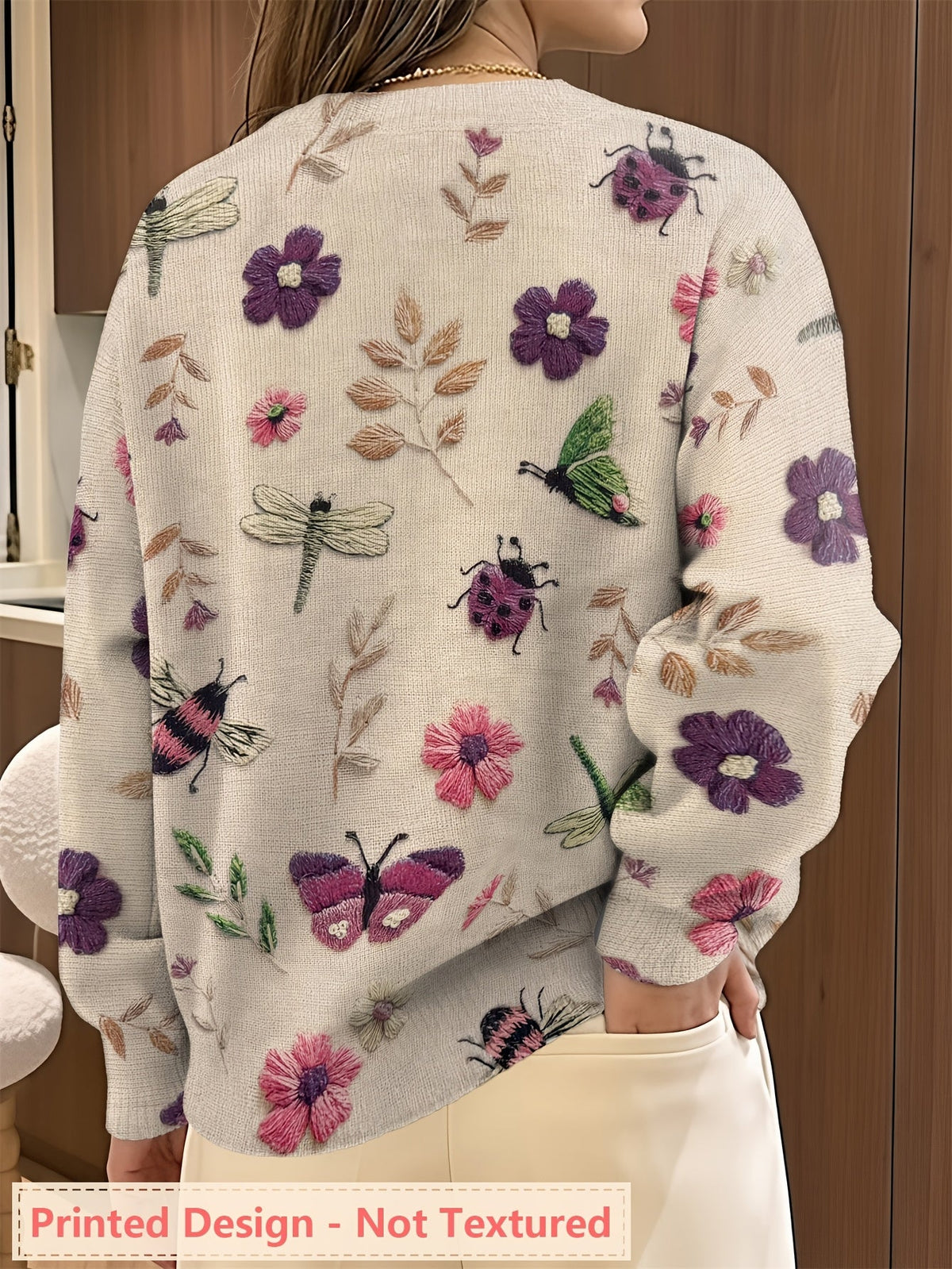 Womens Floral Crewneck Sweater with Botanical Print and Relaxed Fit