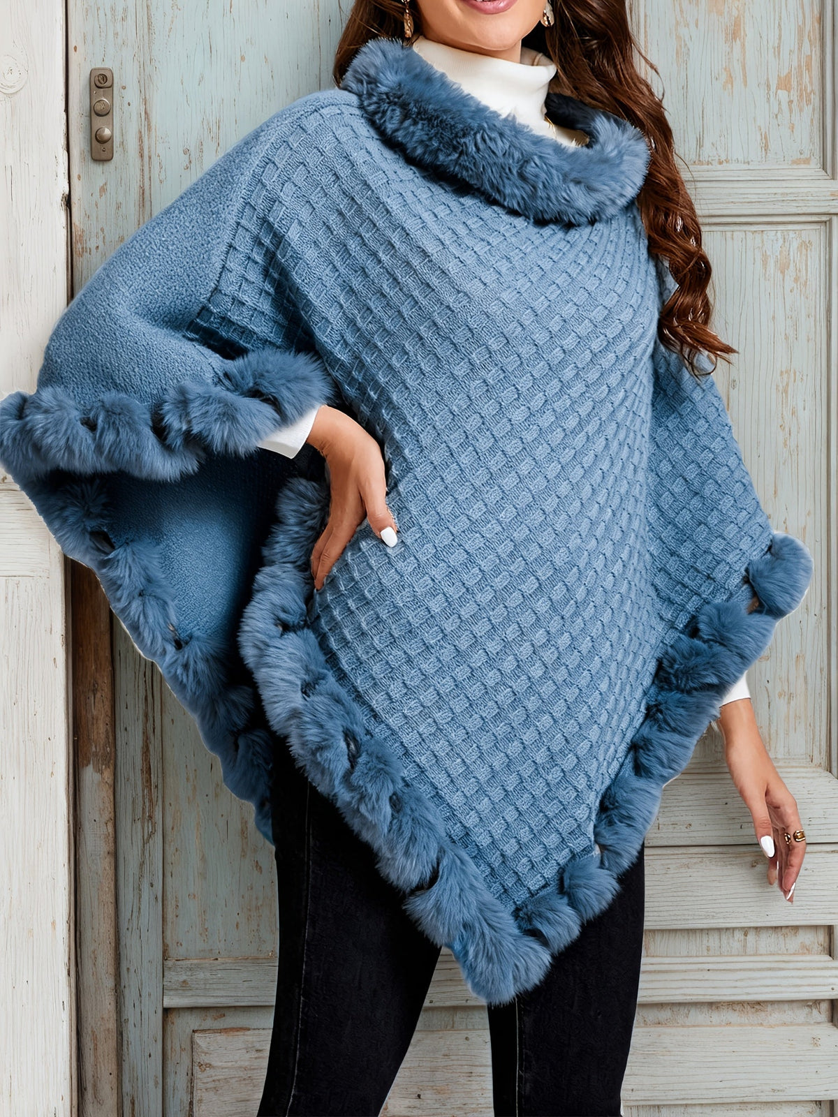 Knit Poncho with Fur Trim and Open Front Design for Fall Winter