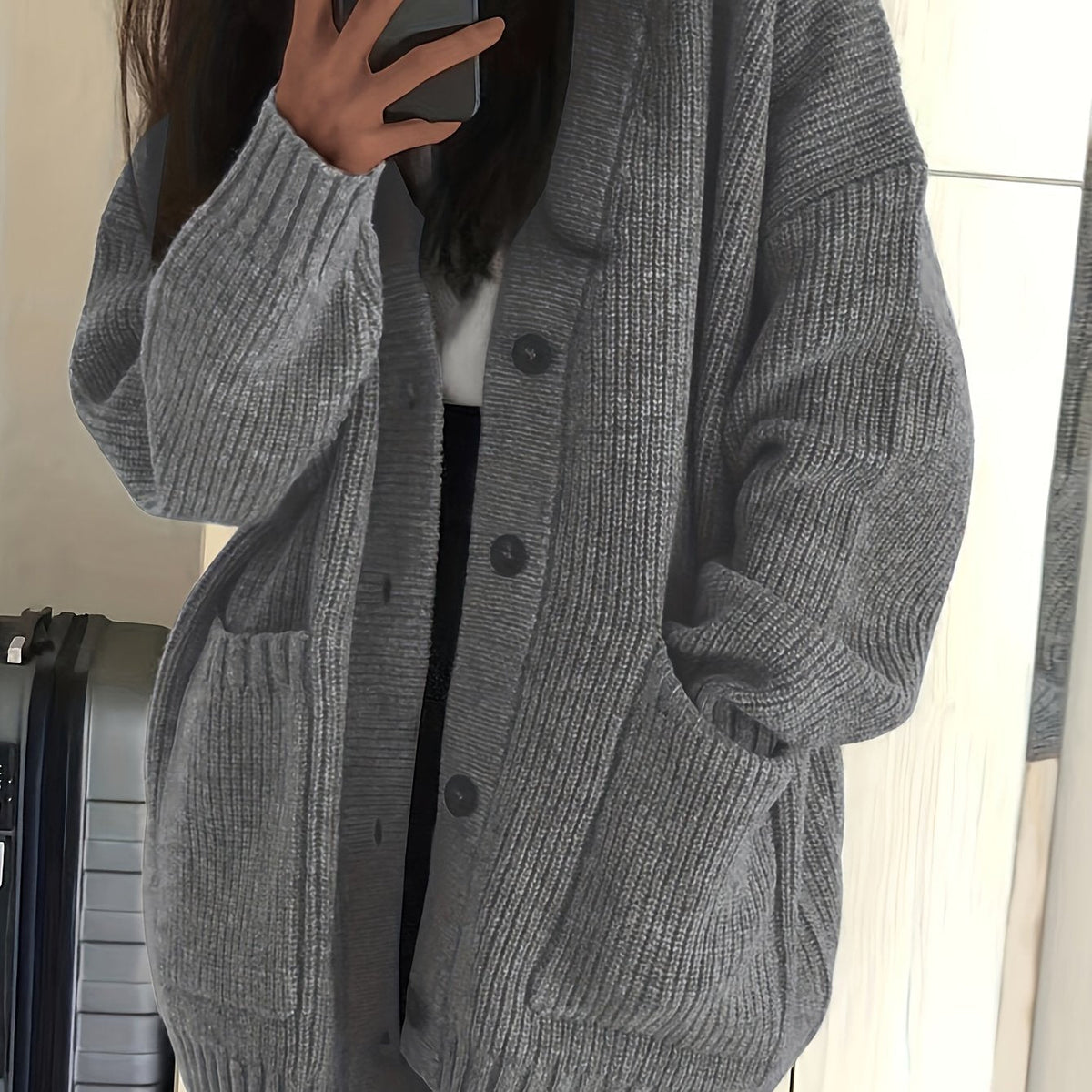 Chunky Ribbed Knit Cardigan with Button Front and Dual Front Pockets