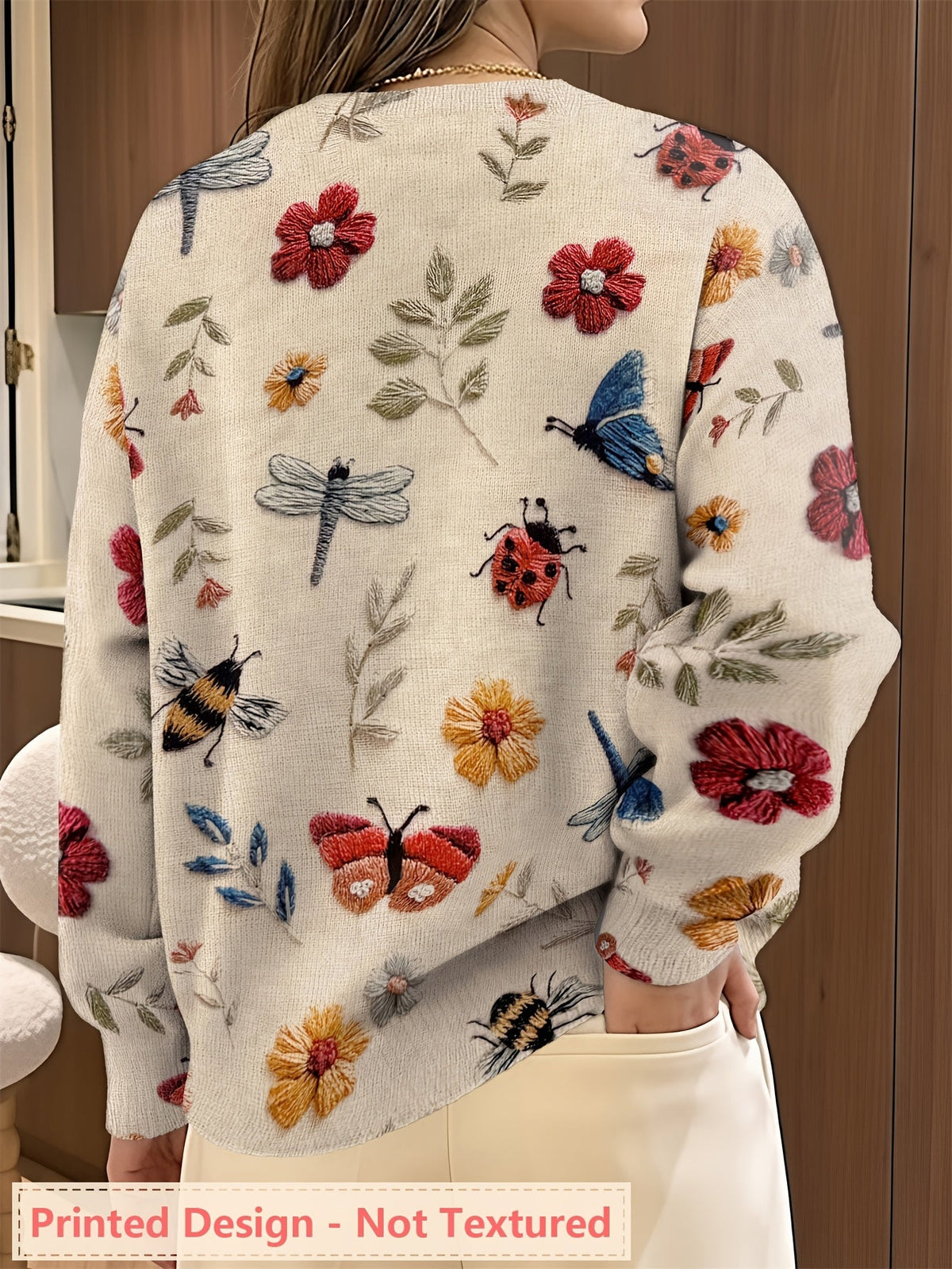 Womens Floral Crewneck Sweater with Botanical Print and Relaxed Fit