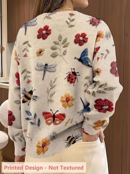 Womens Floral Crewneck Sweater with Botanical Print and Relaxed Fit