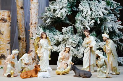 Pearlized Resin Nativity Figures in Blush Pink and Ivory with a Gloria Banner Angel and Straw Manger