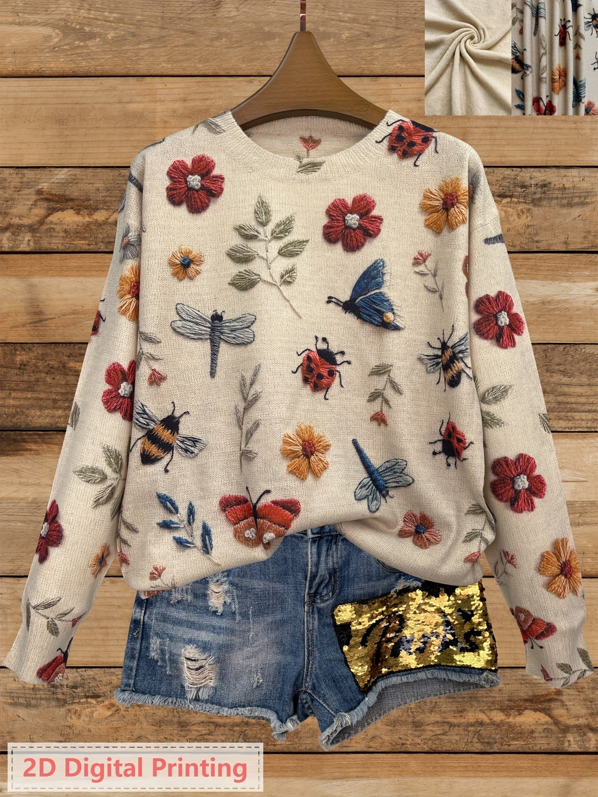 Womens Floral Crewneck Sweater with Botanical Print and Relaxed Fit