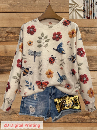 Womens Floral Crewneck Sweater with Botanical Print and Relaxed Fit