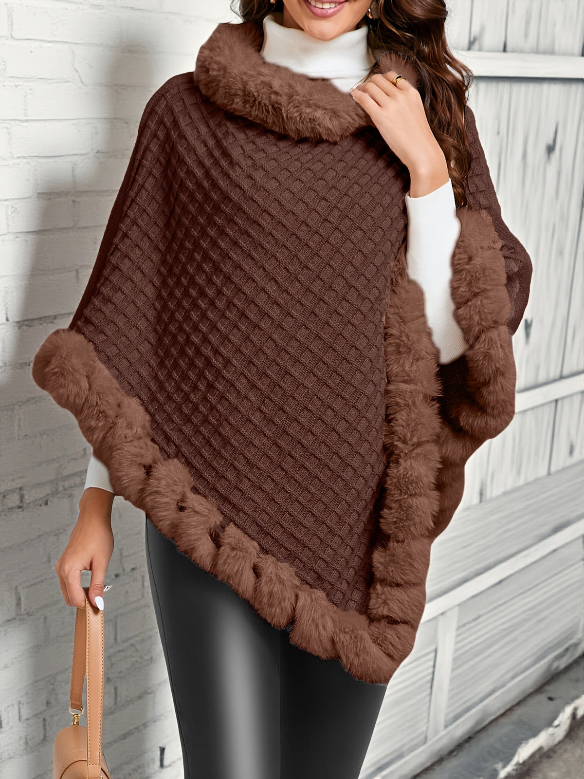 Knit Poncho with Fur Trim and Open Front Design for Fall Winter