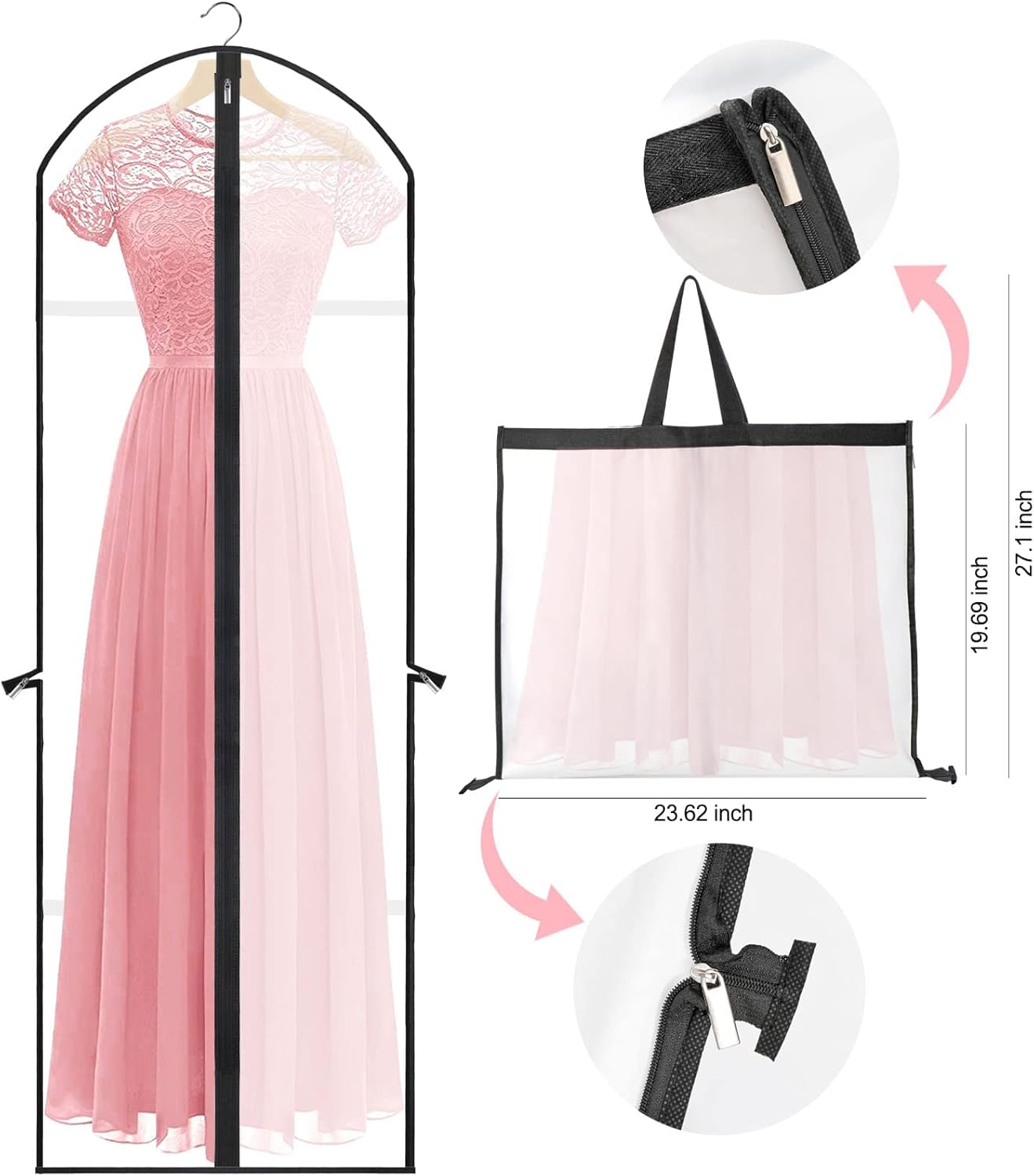 Garment Bag for Long Dresses with Stainless Steel Zipper and Dual Handles, 71 Inches