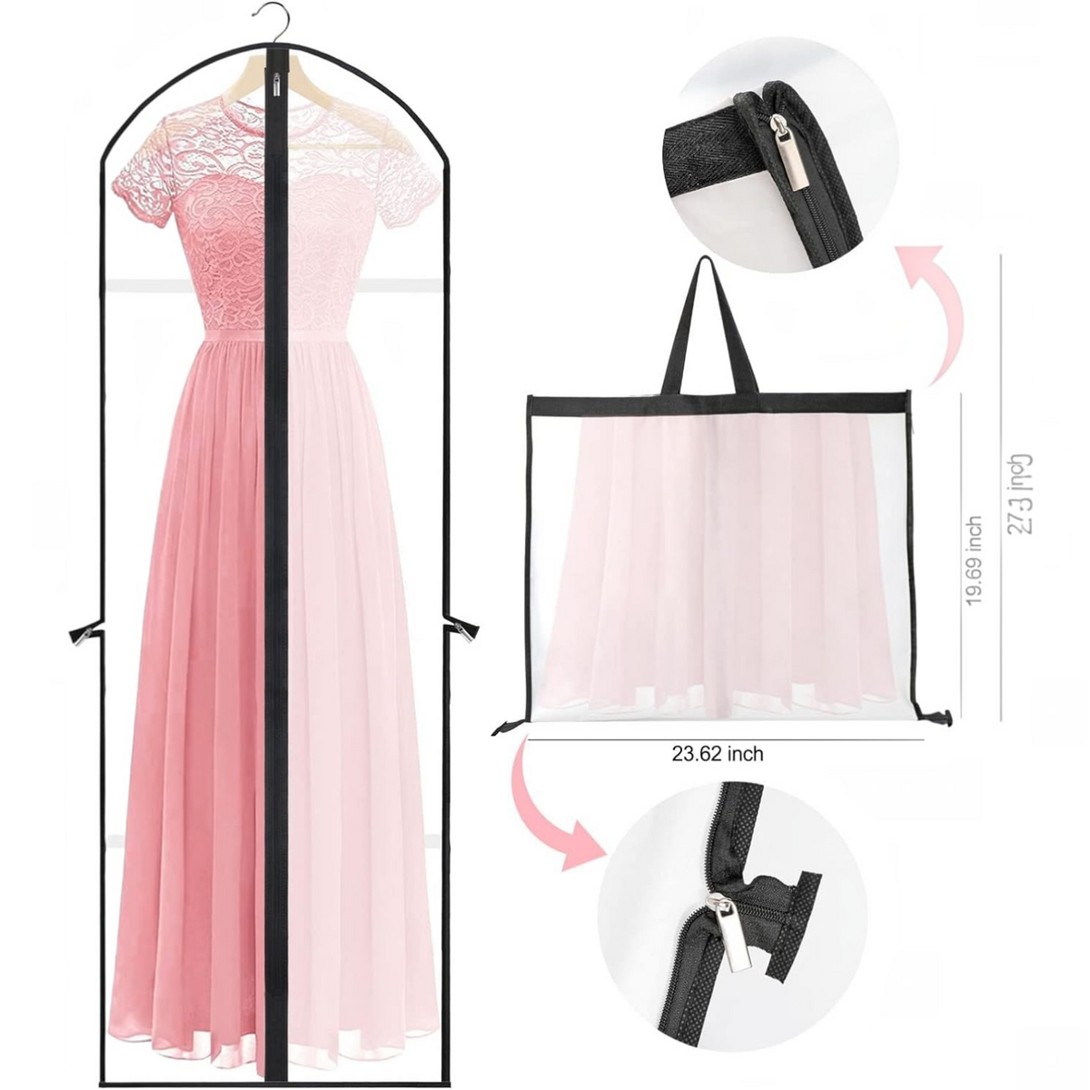 Garment Bag for Long Dresses with Stainless Steel Zipper and Dual Handles, 71 Inches